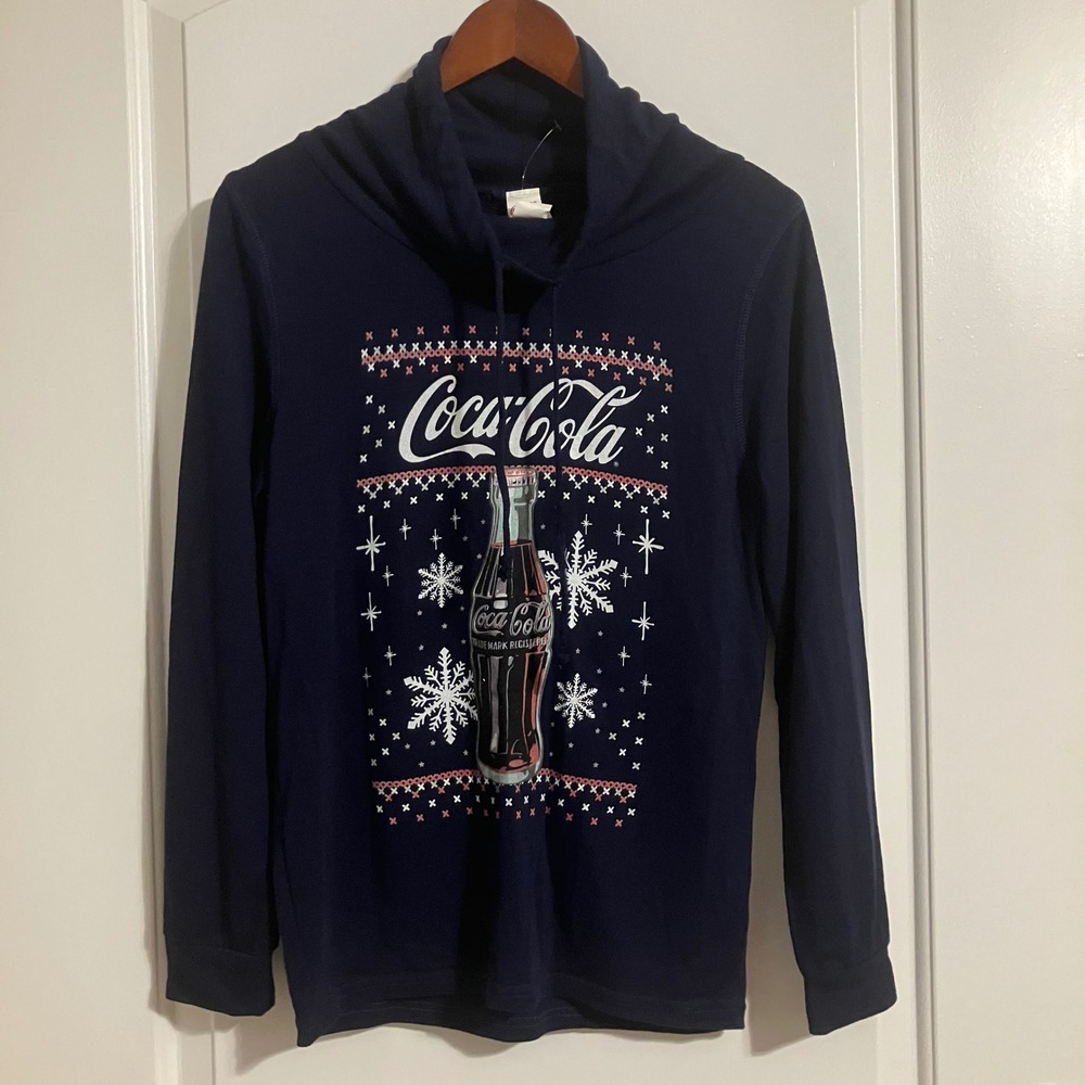 Coca-Cola Navy Blue Holiday Graphic Hoodie Cowl Neck Sweatshirt Small Fifth Sun